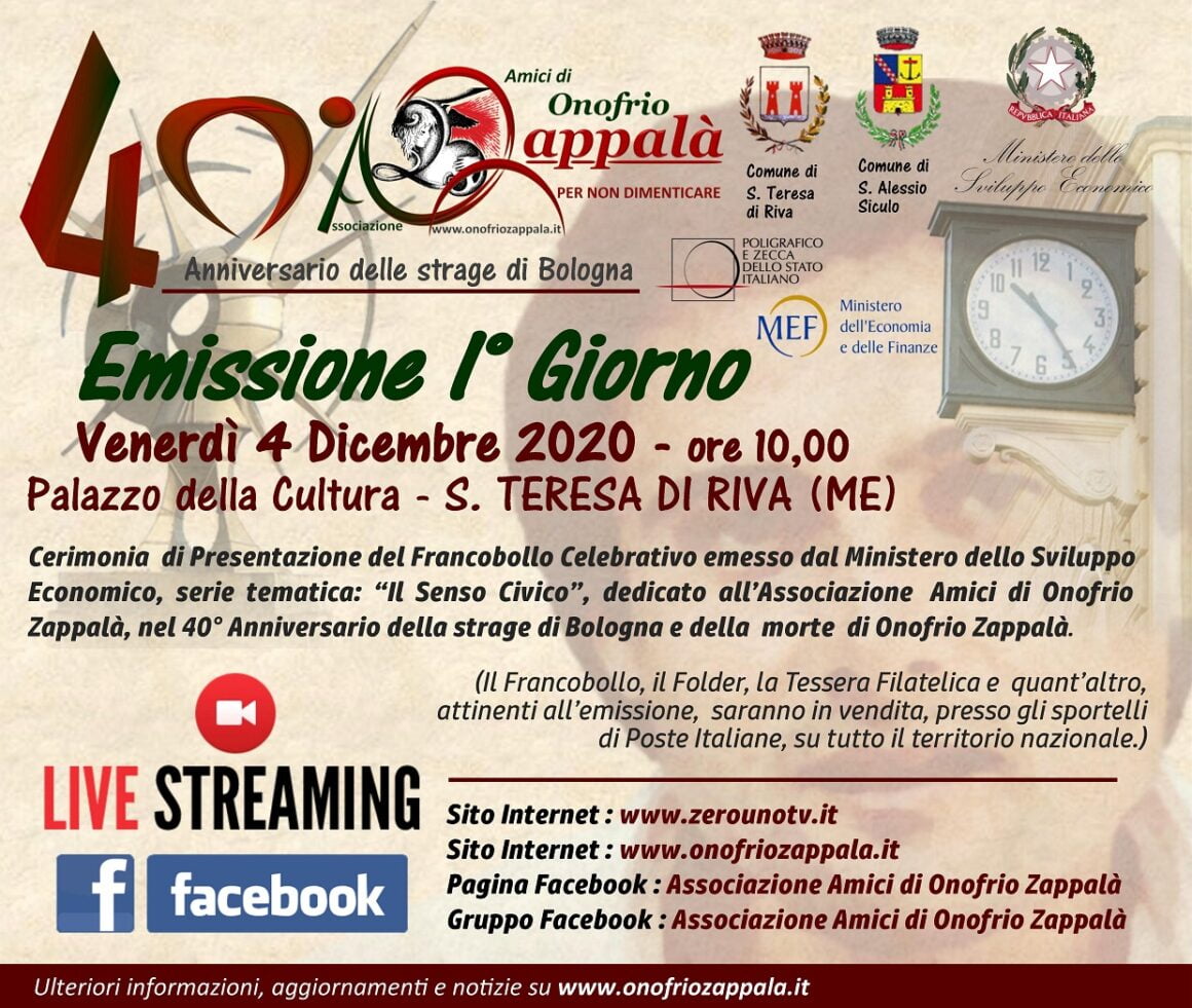 Emissione I° giorno - ridotta Pronto il Francobollo in Memoria di Onofrio Zappalà